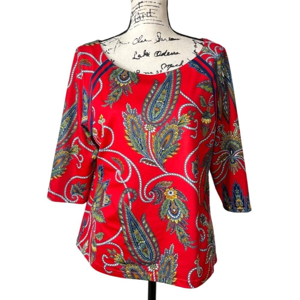 Gretchen Scott Womens Size M Red Blue Paisley Top 3/4 Sleeve